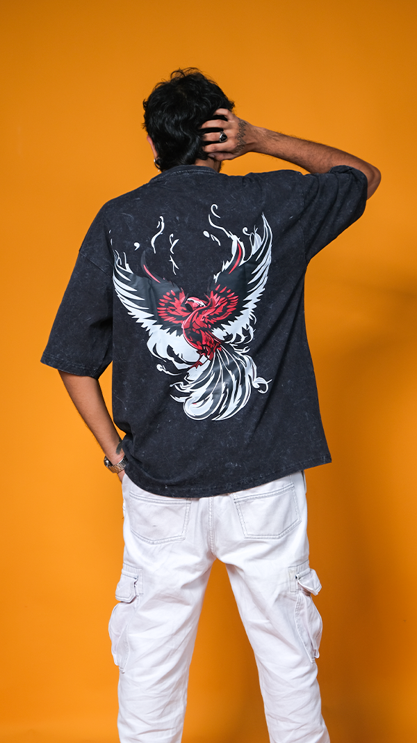 Black Acid wash Phoenix Unisex Oversized T-Shirt - Monkofu -