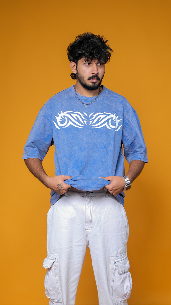 Royal blue acid wash Unisex Oversized T-Shirt - Monkofu -