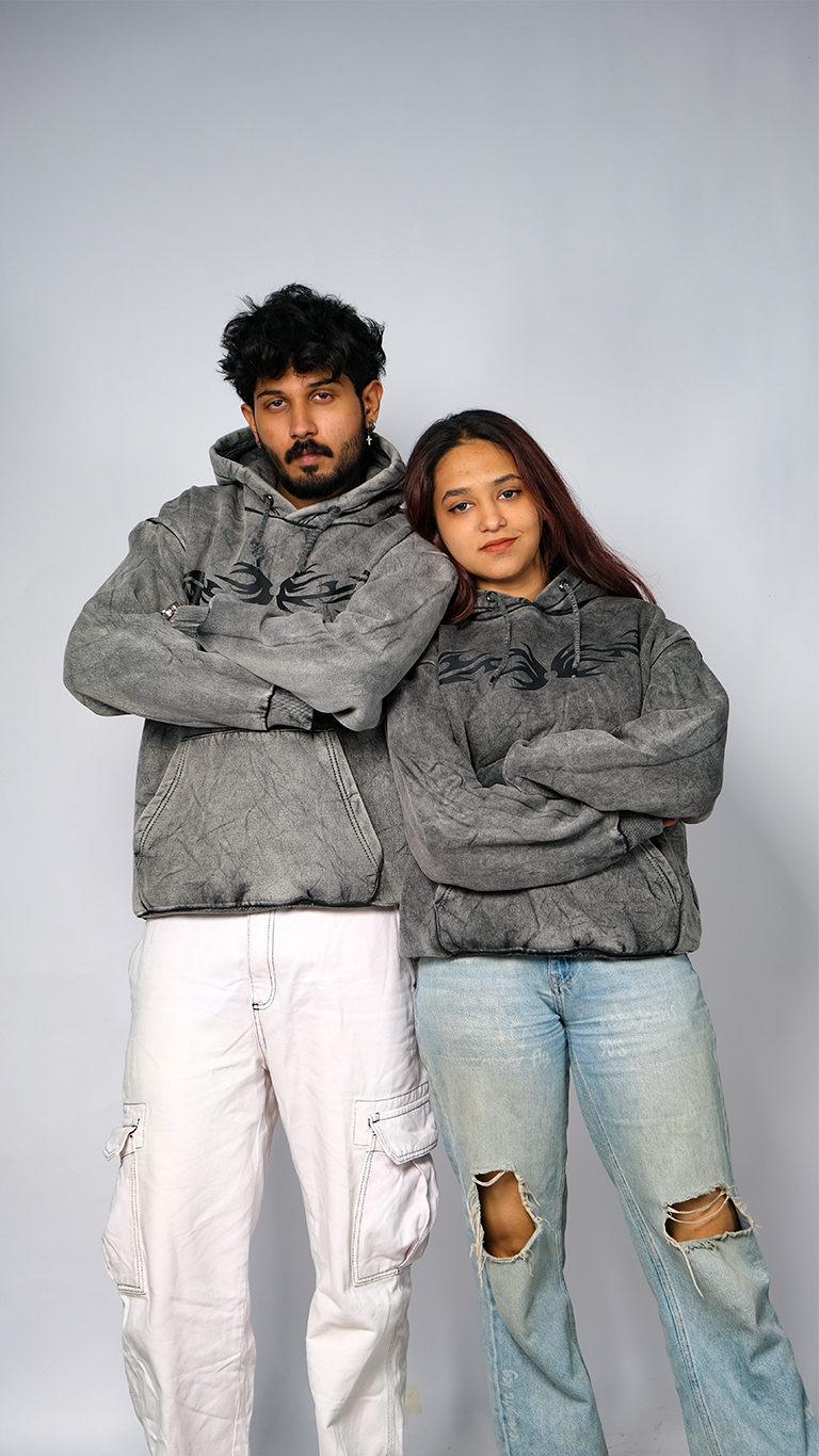 Grey Acid Wash Unisex Oversized Hoodie - Monkofu -
