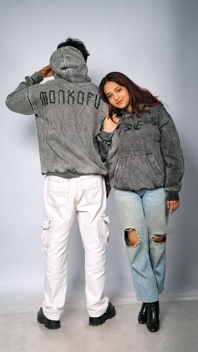 Grey Acid Wash Unisex Oversized Hoodie - Monkofu -