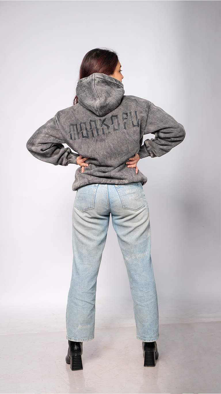 Grey Acid Wash Unisex Oversized Hoodie - Monkofu -