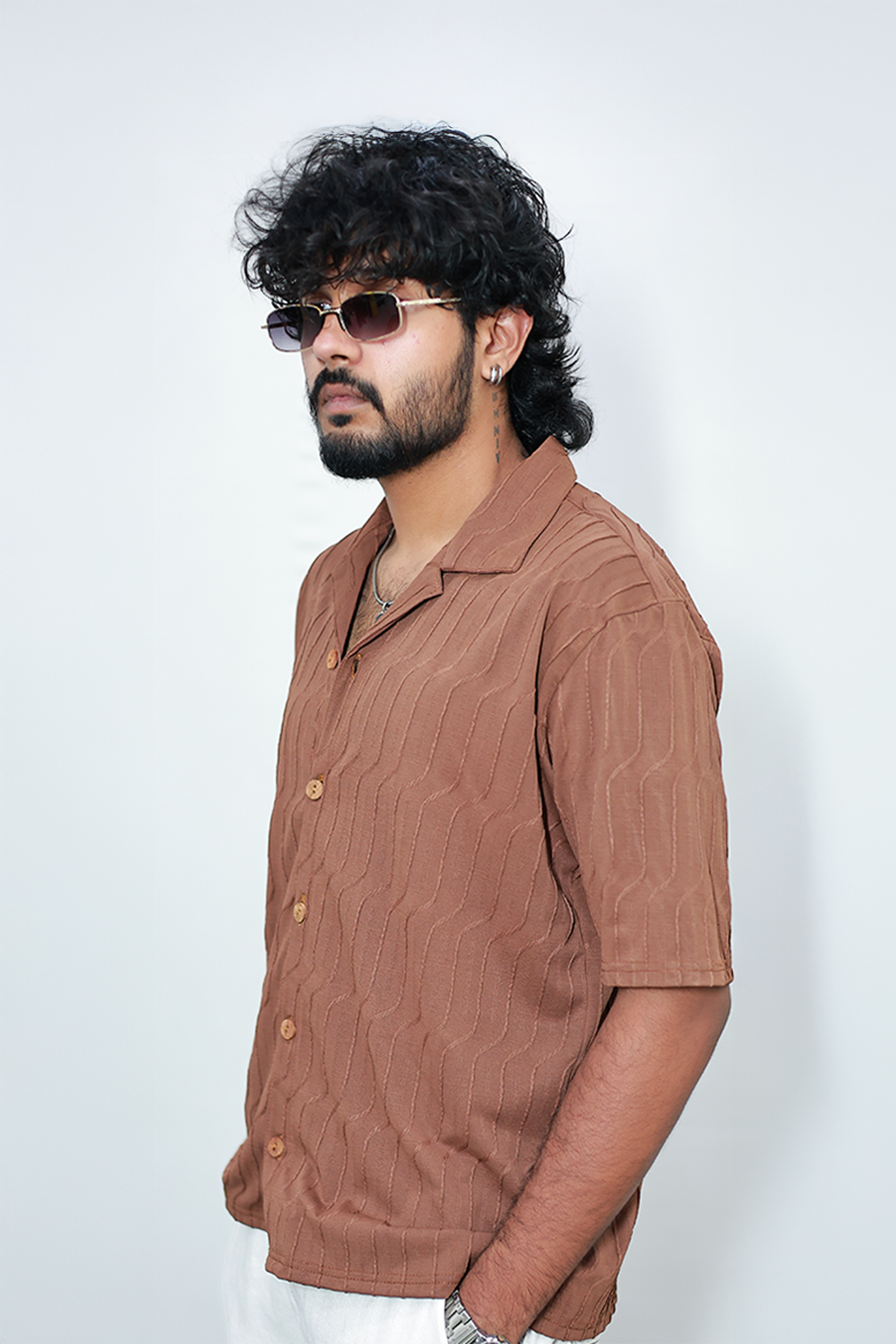 Monkofu Brown Jacquard Bowling Shirt - Monkofu -