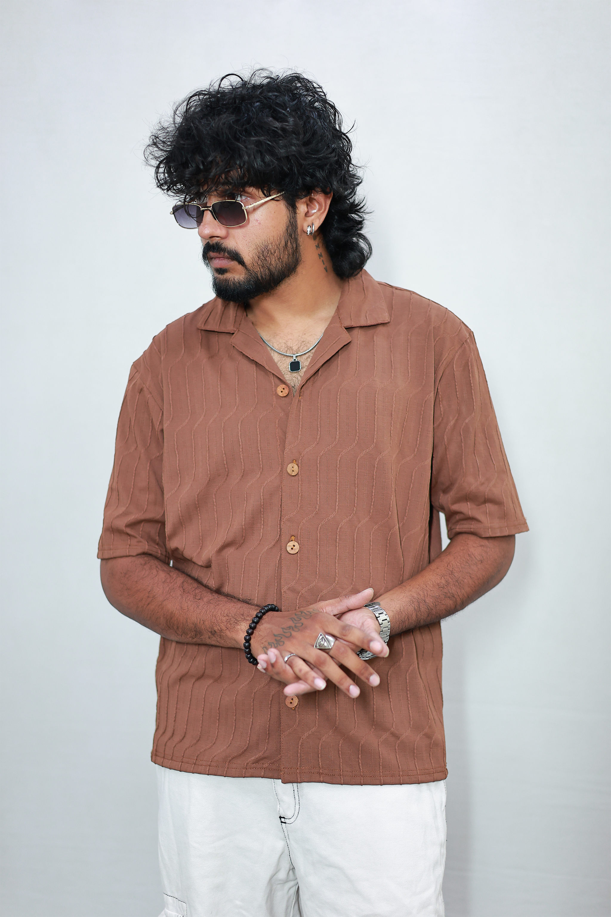 Monkofu Brown Jacquard Bowling Shirt - Monkofu -